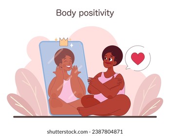 A joyful woman embraces herself, mirrored in a crowned reflection, radiating self-love and acceptance. Embracing natural beauty. Self-affirmation. Flat vector illustration.