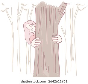 A joyful woman embraces a magnificent tree, symbolizing her deep connection with nature and love for the environment