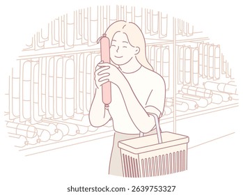 A joyful woman, embracing her new purchase while happily shopping in a vibrant craft store atmosphere