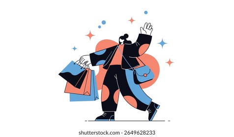 Joyful mulher envolvida em compras spree segurando várias bolsas coloridas expressando emoção e felicidade com um senso de satisfação