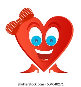 Joyful woman figure red heart with blue eyes, big smile with white teeth and red tongue with red shoes,with red bow with white dots on the head and white glare in the eyes on a white background 