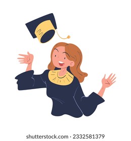 Joyful Woman Graduate Character Throwing Academic Cap Up in the Air Rejoicing and Celebrating Successful Exam Vector Illustration