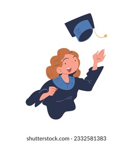 Joyful Woman Graduate Character Throwing Academic Cap Up in the Air Rejoicing and Celebrating Successful Exam Vector Illustration
