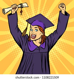 joyful woman graduate victorious gesture hands up. Pop art retro vector illustration vintage kitsch drawing