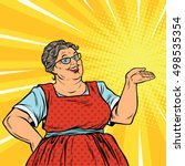 Joyful woman grandma promoter, pop art retro vector illustration. Old sweet woman advertises