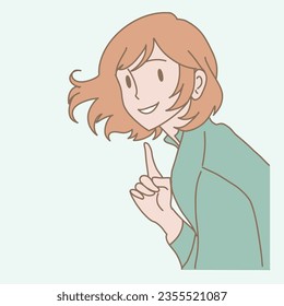 Joyful woman with hair blowing, pointing up at chin showing bright teeth, raising index finger to point oneself. Hand drawn flat cartoon character vector illustration.