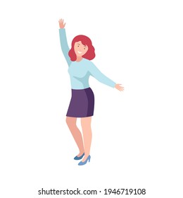 Joyful Woman Up with Hands Cheering About Something Vector Illustration