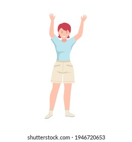 Joyful Woman Up with Hands Cheering About Something Vector Illustration