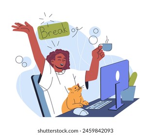 Una mujer alegre en su escritorio con una taza de café y un gato, tomando un descanso del trabajo, con un estilo gráfico plano sobre un fondo claro, concepto de equilibrio entre el trabajo y la vida. Ilustración vectorial