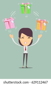 Joyful woman holding a lot of boxes with gifts on a background. Stock flat vector illustration.