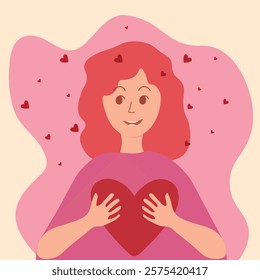 Joyful Woman Holding a Heart with Love Symbols in Flat Vector Style