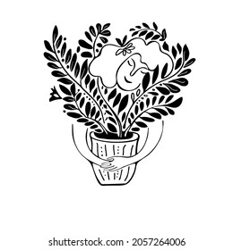 Joyful woman hugging favorite houseplants with leaves in flower pot in doodle style isolated on white. Concept of love and friendship between human and nature. Smiling female character in hygge mood. 