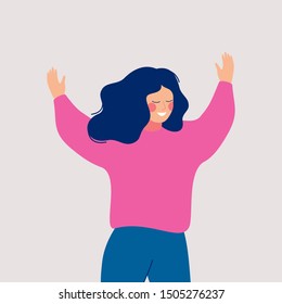 A joyful woman joins some event with her open arms. Happy female cartoon character with raised hands isolated on white background