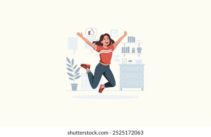 A joyful woman jumping in excitement with a thumbs-up symbol.