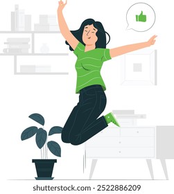 Joyful Woman Jumping with Thumbs Up Icon – Positive Vibes Illustration.