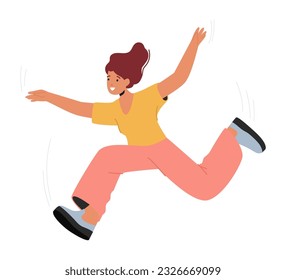 Joyful Woman Leaping In The Air With A Big Smile, Radiating Happiness And Positive Energy In A Moment Of Pure Bliss. Happy Young Female Character Jumping. Cartoon People Vector Illustration