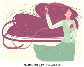 Joyful woman with long, colored hair. She holds a rose in her hand. Her joy can be associated with new hair color or a gift in honor of the holiday. This picture can be used as a background for label.