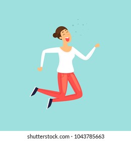 Joyful woman, luck, success, good mood, jump, character, happy. Flat design vector illustration.