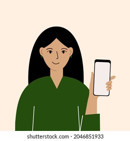 Joyful woman with mobile phone, front view. Taking pictures, reading, chatting. Smartphone and internet addiction. Vector illustration.