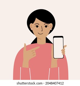 Joyful woman with a mobile phone, front view. Points her finger at the phone screen. News. Smartphone and internet addiction. Vector illustration.