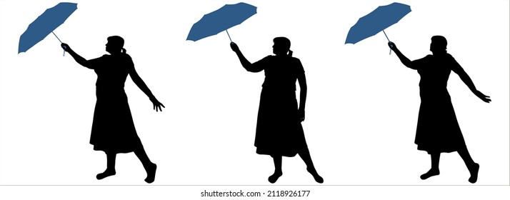 Joyful woman with an open umbrella in her hands. The woman holds an open umbrella in front of her and looks at it, the second hand to the side. Side view. Three female silhouettes isolated on white.