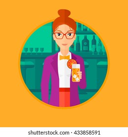 Joyful woman with an orange cocktail. Woman drinking an orange cocktail at bar. Woman celebrating at bar with an orange cocktail. Vector flat design illustration in the circle isolated on background.