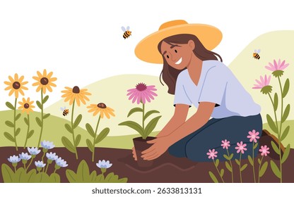 Joyful Woman Planting Colourful Flowers