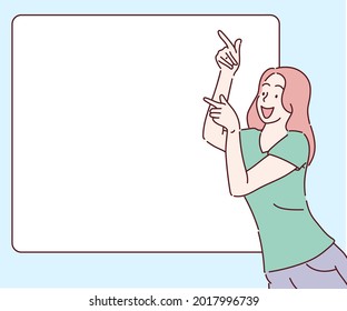 Joyful woman pointing finger at copy space. Hand drawn in thin line style, vector illustrations.