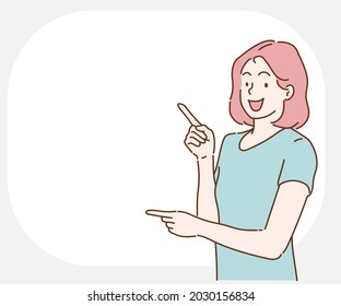 Joyful woman pointing finger at copy space. Hand drawn in thin line style, vector illustrations.