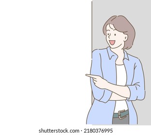 Joyful woman pointing finger at copy space. Hand drawn in thin line style, vector illustrations.