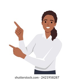 Joyful woman pointing finger at copy space. Flat vector illustration isolated on white background