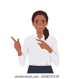 Joyful woman pointing finger at copy space.. Flat vector illustration isolated on white background