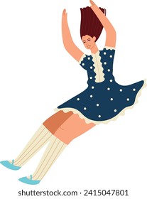 Joyful woman in polka dot dress dancing. Female character with red hair enjoying dance. Happy dancer celebrating vector illustration.