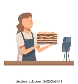 Joyful woman presents a layered cake while filming a baking tutorial with her smartphone