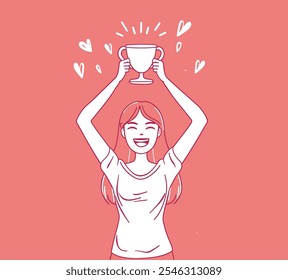 Mujer alegre levantando una taza por encima de su cabeza, expresando efectivamente su felicidad e invitando a los espectadores a unirse a ella en esta experiencia edificante y alegre juntos en el diseño de Vectores.