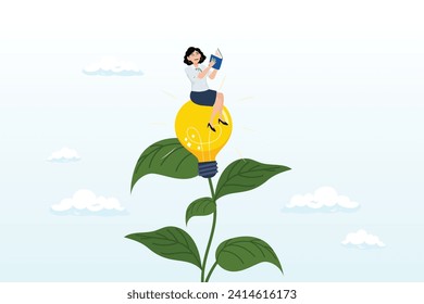 Joyful woman reading book on lightbulb flower growing plant, learn or study more knowledge to grow and success, growth mindset or lifelong learning, education to develop new skills (Vector)