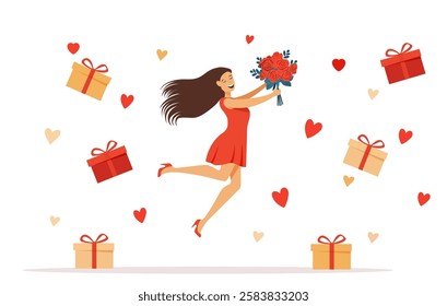 joyful woman in a red dress holding a bouquet of roses, surrounded by floating gift boxes and hearts, symbolizing love and celebration. Vector illustration in flat style