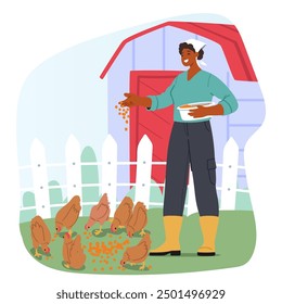 Joyful Woman In Rubber Boots Feeds Chickens In A Rustic Setting. Vector Illustration Showcasing Daily Farm Life of Cartoon Female Farmer Character With A Red Barn And White Fence In The Background
