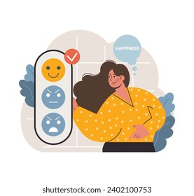 Joyful woman selecting a happy face emoji. Positive mood and embracing happiness amid various emotions. Self-awareness and choice. Flat vector illustration