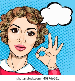 Joyful woman showing OK hand sign in pop art retro comic style. Hand drawn retro woman with speech bubble and Okay gesture, all right.