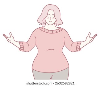 A joyful woman shows a welcoming gesture, promoting positivity and confidence in a stylish, minimalist design