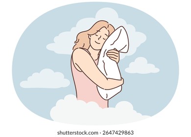 Joyful woman is sleeping and hugging pillow being among clouds symbolizing calmness and night dreams. Positive girl is sleeping and gaining strength before new working day with difficult tasks