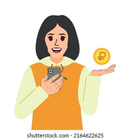 Joyful woman smiles and holds a mobile phone in her hand and a Russian ruble coin. Girl in a hoodie, long sleeve, sweatshirt, sweater with a hood, front view. Smartphone wallet cryptocurrency token