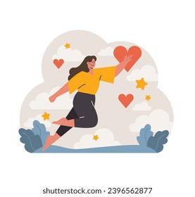 Joyful woman soaring among clouds, holding a heart symbol. Representation of love, happiness, and freedom. Floating amidst stars, expressing unbounded elation. Flat vector illustration