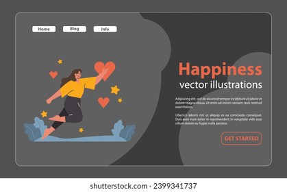 Joyful woman soaring among clouds, holding a heart symbol. Representation of love, happiness, and freedom. Floating amidst stars, expressing unbounded elation. Flat vector illustration