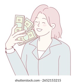A joyful woman in a stylish suit displays cash, symbolizing her financial success and positivity in her career