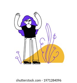 Joyful Woman. Success and good luck. Modern trendy outline female character. Young girl raise up hands. Outline cartoon illustration with nature floral element
