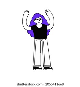 Joyful Woman. Success and good luck. Modern trendy female character. Young girl raise up hands.