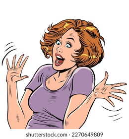 Joyful woman surprised. Beautiful girl with a smile, hands apart. Pop art retro vector illustration 50s 60s vintage kitsch style