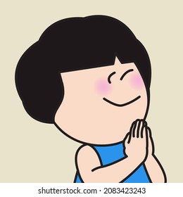Joyful Woman Sweet Smiling With Thanking Hands Concept Card Character illustration
